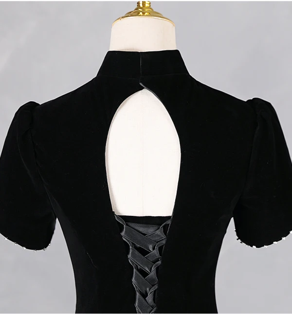 Elegant Black Rhinestone Prom Dresses 2024 A-Line / Princess High Neck Short Sleeve Backless Floor-Length / Long Prom Formal Dresses