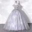 Chic / Beautiful Grey Beading Appliques Prom Dresses 2022 Ball Gown Off-The-Shoulder Short Sleeve Backless Floor-Length / Long Prom Formal Dresses