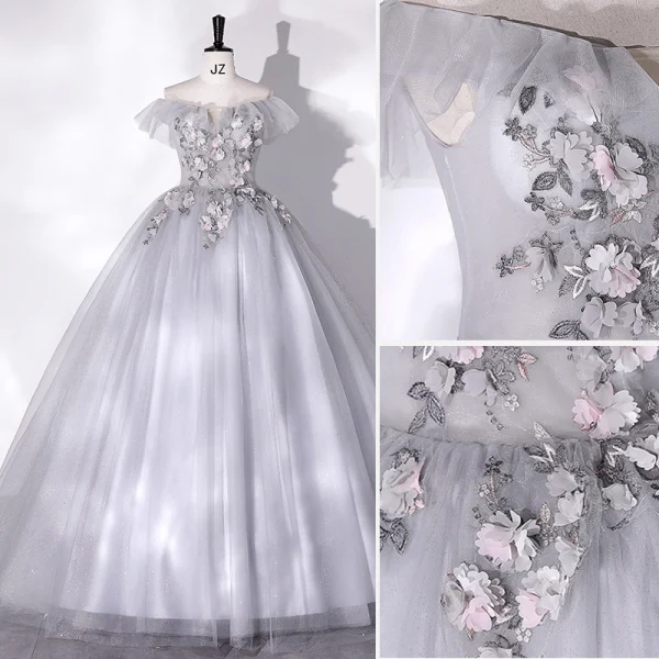 Chic / Beautiful Grey Beading Appliques Prom Dresses 2022 Ball Gown Off-The-Shoulder Short Sleeve Backless Floor-Length / Long Prom Formal Dresses