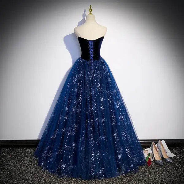Charmant Bleu Marine Robe De Soirée 2022 Robe Boule De l'épaule Perlage Perle Paillettes Manches Courtes Dos Nu Longue Soirée Robe De Ceremonie