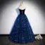 Charmant Bleu Marine Robe De Soirée 2022 Robe Boule De l'épaule Perlage Perle Paillettes Manches Courtes Dos Nu Longue Soirée Robe De Ceremonie