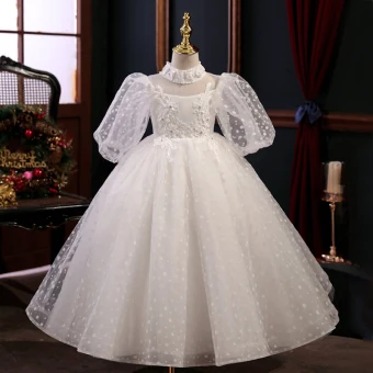 Chic Belle Blanche Tachetée En Dentelle Fleur Robe Ceremonie Fille 2022 Robe Boule Col Haut Perlage Perle Appliques Manches Courtes Longue Promo Robe Ceremonie Fille