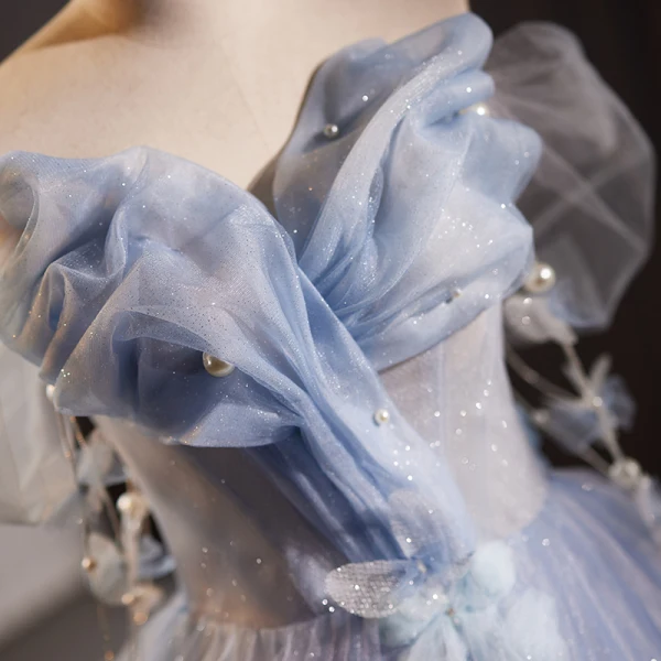 Charming Sky Blue Glitter Pearl Appliques Prom Dresses 2023 Ball Gown Off-The-Shoulder Sleeveless Backless Floor-Length / Long Prom Formal Dresses