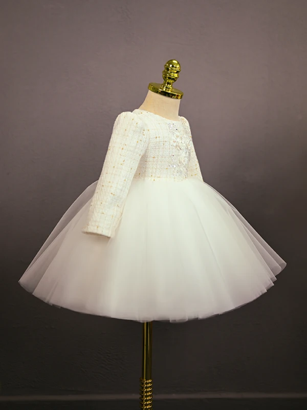 Elegant White Beading Lace Flower Pearl Sequins Bow Birthday Flower Girl Dresses 2024 Ball Gown Scoop Neck Short Long Sleeve