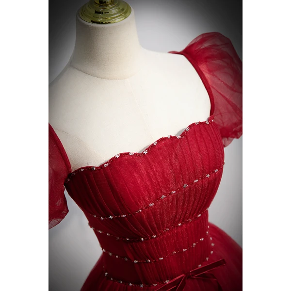 Chic / Belle Bordeaux Robe De Bal 2022 Princesse Encolure Carrée Paillettes Gonflée Manches Courtes Dos Nu Noeud Longue Promo Robe De Ceremonie