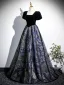 Vintage / Retro Black Printing Prom Dresses 2025 A-Line / Princess Square Neckline Puffy Short Sleeve Backless Floor-Length / Long Formal Dresses