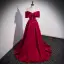 Chic / Beautiful Burgundy Satin Prom Dresses 2022 A-Line / Princess Off-The-Shoulder Bow Short Sleeve Backless Pearl Floor-Length / Long Prom Formal Dresses
