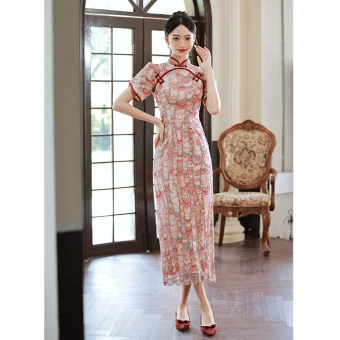 Charmant Rouge Paillettes Perlage Soirée Cheongsam 2023 Trompette Sirène Col Haut Manches Courtes Thé Longueur Cheongsam