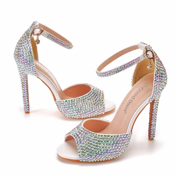 Sexy Multifarben Strass Brautschuhe 2022 Knöchelriemen 11 cm Stilettos Peeptoes Hochzeit Hochhackige