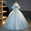 Elegant Sky Blue Beading Sequins Prom Dresses 2023 Ball Gown Scoop Neck Short Sleeve Backless Bow Floor-Length / Long Prom Formal Dresses