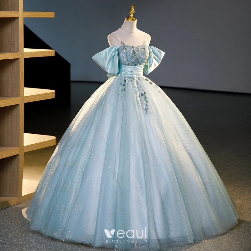 Elegant Sky Blue Beading Sequins Prom Dresses 2023 Ball Gown
