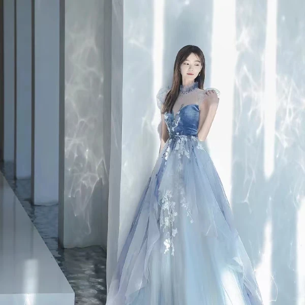 Chic / Beautiful Sky Blue Prom Dresses 2022 A-Line / Princess High Neck Beading Pearl Sequins Lace Flower Sleeveless Floor-Length / Long Formal Dresses