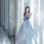 Chic / Beautiful Sky Blue Prom Dresses 2022 A-Line / Princess High Neck Beading Pearl Sequins Lace Flower Sleeveless Floor-Length / Long Formal Dresses