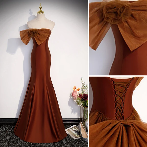 Chic / Belle Chocolat Robe De Bal 2023 Trompette / Sirène Bustier Noeud Sans Manches Dos Nu Longue Promo Robe De Ceremonie