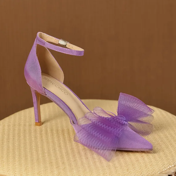 Chic / Beautiful Prom Lavender Womens Shoes 2023 Ankle Strap Bow 8 cm Stiletto Heels Pointed Toe Womens Shoes High Heels