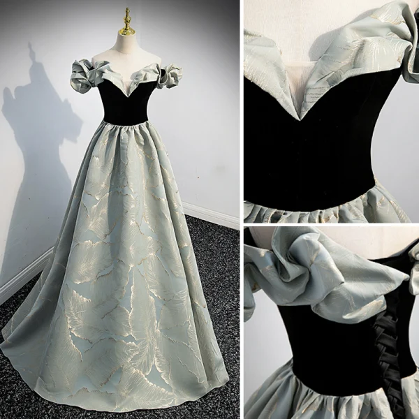 Audrey Hepburn Style Black Prom Dresses 2022 A-Line / Princess Ruffle Off-The-Shoulder Short Sleeve Backless Floor-Length / Long Formal Dresses
