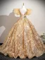 Scintillantes Doré Perlage Paillettes En Dentelle Fleur Robe De Bal 2026 Robe Boule Encolure Dégagée Manches Courtes Dos Nu Train De Balayage Promo Robe De Ceremonie