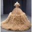 Luxe Champagne Fait main Perlage Perle Paillettes Volants en Cascade Robe De Bal 2023 Robe Boule Encolure Dégagée Manches Courtes Chapel Train Promo Robe De Ceremonie