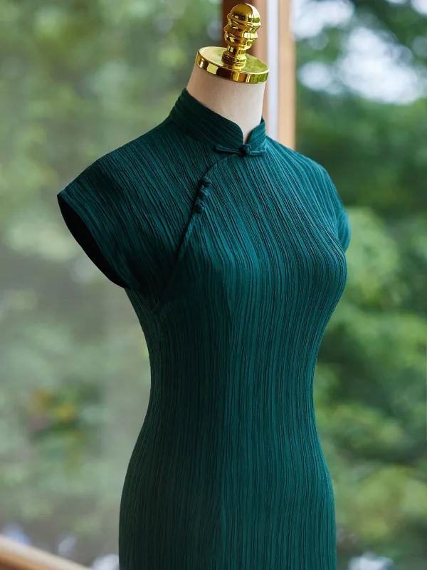 Chinese style Vintage / Retro Dark Green Prom Cheongsam 2024 Trumpet / Mermaid High Neck Short Sleeve Floor-Length / Long