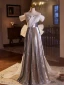 Charming Silver Sequins Prom Dresses 2024 A-Line / Princess Off-The-Shoulder Short Sleeve Backless Bow Floor-Length / Long Prom Formal Dresses