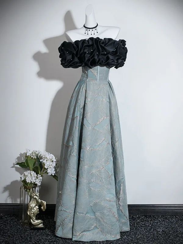 Chic / Beautiful Black Pearl Prom Dresses 2026 A-Line / Princess Ruffle Off-The-Shoulder Short Sleeve Floor-Length / Long Formal Dresses