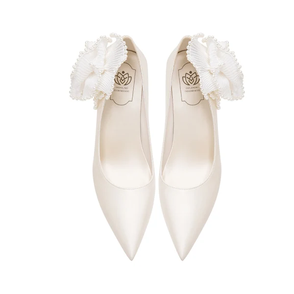 Élégant Ivoire Perle Fleur Satin Chaussure De Mariée 2022 Cuir 8 cm Talons Aiguilles À Bout Pointu Mariage Escarpins Talons Hauts