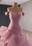 High-end Unusual Blushing Pink Cascading Ruffles Prom Dresses 2025 Ball Gown Off-The-Shoulder Short Sleeve Backless Sweep Train Formal Dresses