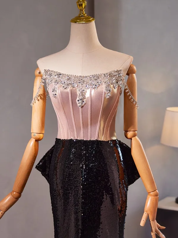 Charmant Rosa Perlenstickerei Strass Pailletten Abendkleider 2024 Meerjungfrau Bandeau Ärmellos Rückenfreies Sweep / Pinsel Zug Ball Festliche Kleider