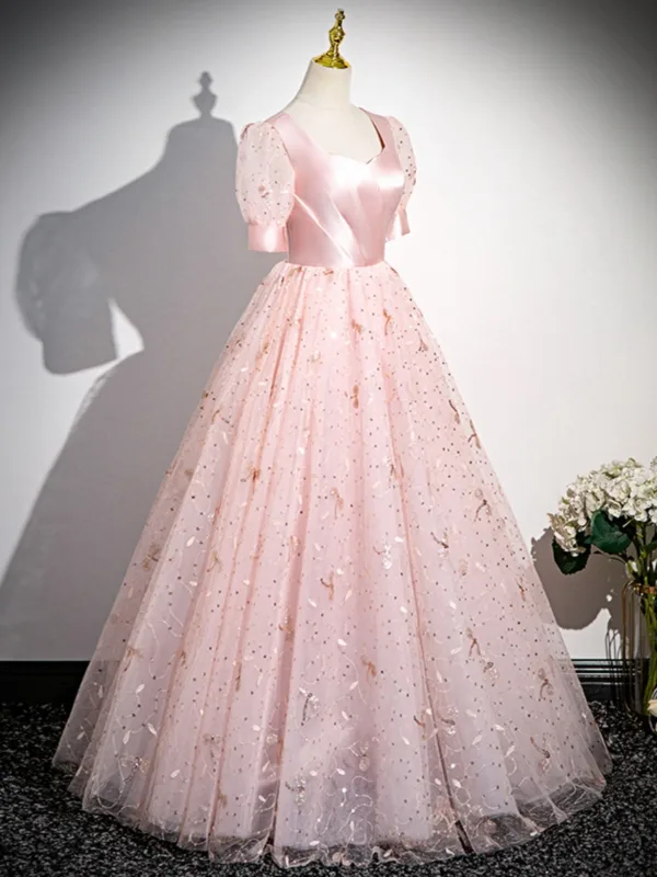 Chic / Belle Rougissant Rose Paillettes Robe De Bal 2024 Princesse Encolure Carrée Manches Courtes Dos Nu Longue Promo Robe De Ceremonie