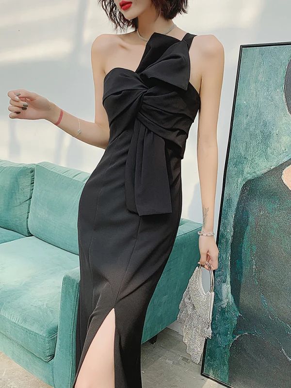 Sexy Schwarz Gespaltete Front Abendkleider 2022 Meerjungfrau One-Shoulder Schleife Ärmellos Rückenfreies Lange Abend Festliche Kleider