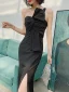 Sexy Schwarz Gespaltete Front Abendkleider 2022 Meerjungfrau One-Shoulder Schleife Ärmellos Rückenfreies Lange Abend Festliche Kleider