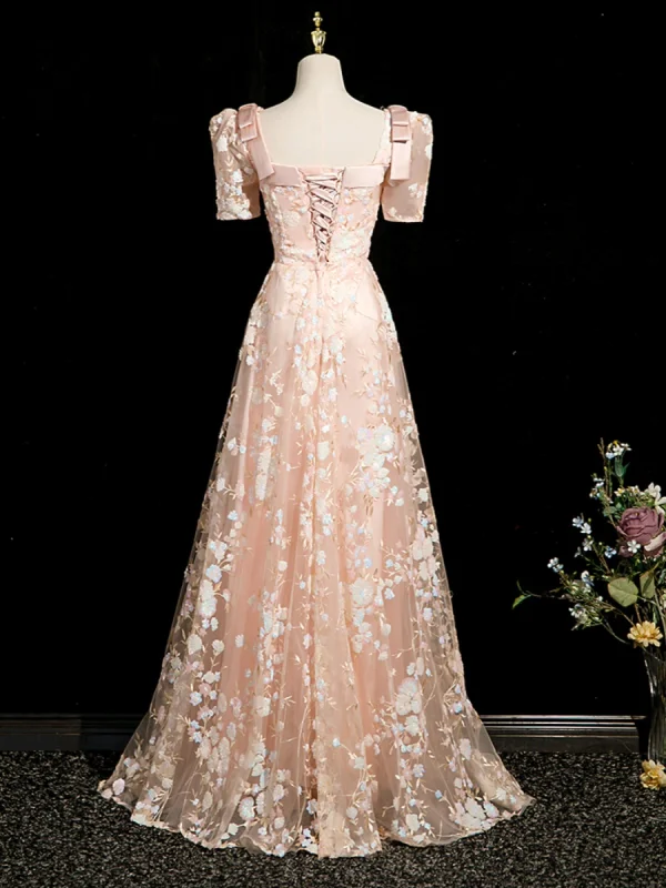 Chic / Beautiful Champagne Sequins Lace Flower Prom Dresses 2024 A-Line / Princess Square Neckline Short Sleeve Backless Floor-Length / Long Prom Formal Dresses