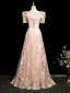 Chic / Beautiful Champagne Sequins Lace Flower Prom Dresses 2024 A-Line / Princess Square Neckline Short Sleeve Backless Floor-Length / Long Prom Formal Dresses