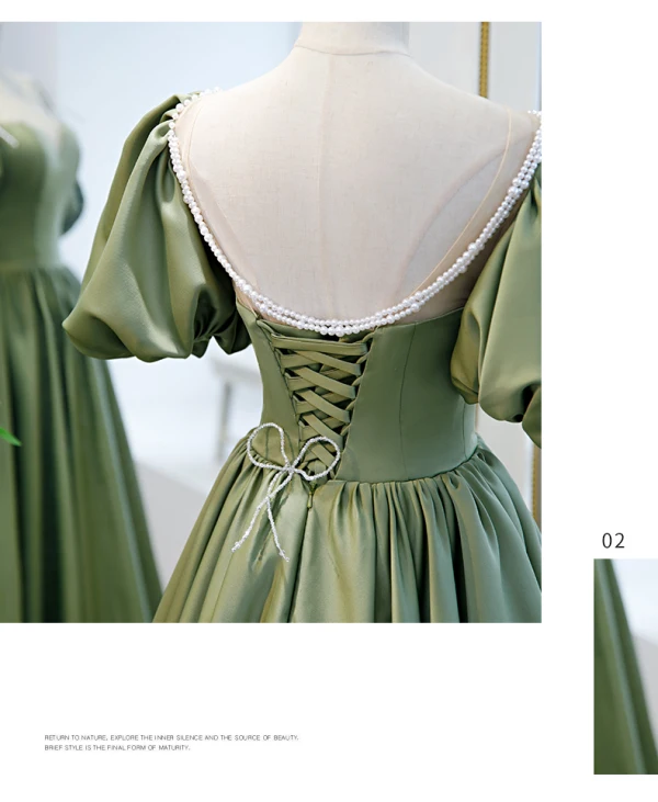 Vintage / Retro Sage Green Princess Prom Dresses 2021 Crossed Straps Backless Beading Pearl Floor-Length / Long Satin Scoop Neck Dancing Homecoming Short Sleeve Evening Dresses