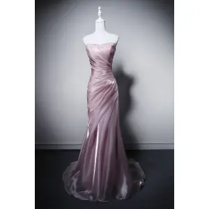 Sexy Rougissant Rose Perlage Paillettes Robe De Soirée 2026 Trompette Sirène Bustier Sans Manches Dos Nu Train De Balayage Soirée Robe De Ceremonie