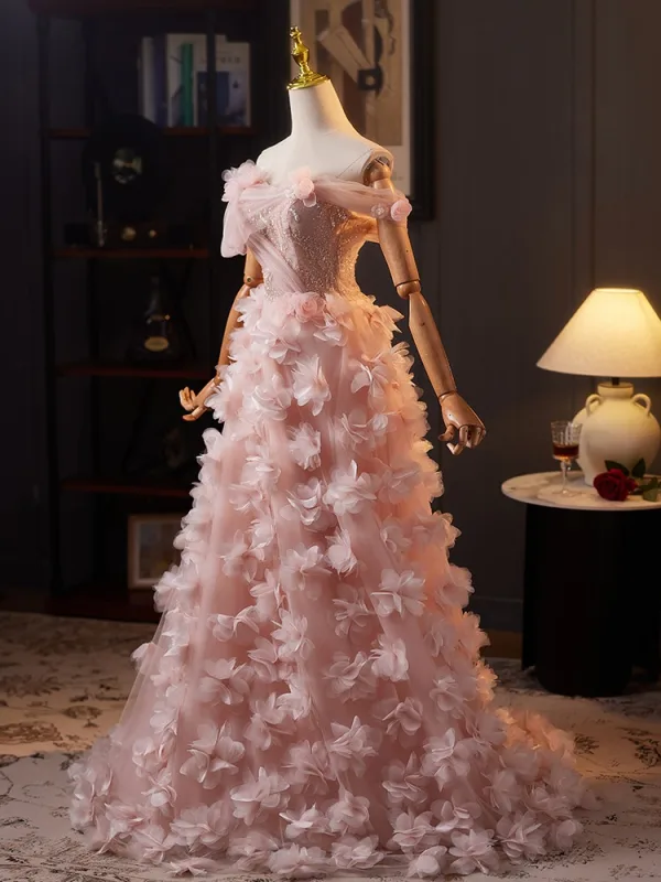 Luxury / Gorgeous Blushing Pink Beading Appliques Prom Dresses 2025 A-Line / Princess Off-The-Shoulder Sleeveless Backless Floor-Length / Long Prom Formal Dresses