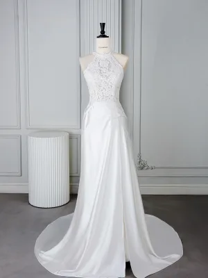 Vintage Retro White Beading Lace Flower Wedding Dresses 2025 Trumpet Mermaid High Neck Sleeveless Sweep Train
