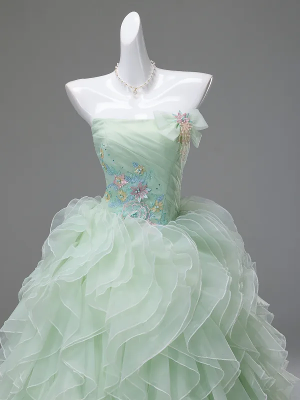 Onírico Verde Salvia Perla Lentejuelas Con Encaje Flor Volantes En Cascada Vestidos de gala 2026 Ball Gown Sin Tirantes Sin Mangas Sin Espalda