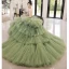 Fashion Charming Sage Green Prom Dresses 2022 Ball Gown Spaghetti Straps Sleeveless Backless Cascading Ruffles Chapel Train Formal Dresses