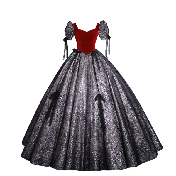 Elegant Burgundy Glitter Prom Dresses 2023 Ball Gown Square Neckline Short Sleeve Backless Bow Floor-Length / Long Prom Formal Dresses