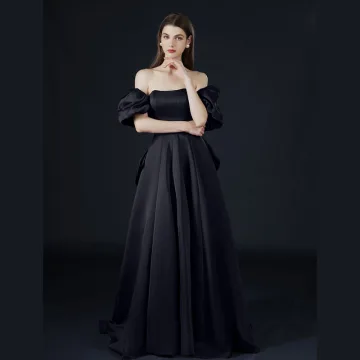Elegant Black Satin Prom Dresses 2022 A Line Princess Square Neckline Puffy Short Sleeve Backless Bow Floor Length Long Formal Dresses