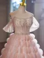 Haut de Gamme Rougissant Rose Perlage Perle Faux Diamant Volants en Cascade Robe De Bal 2024 Robe Boule De l'épaule Sans Manches Dos Nu Longue Promo Robe De Ceremonie