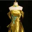 Unique Gold Spitze Blumen Satin Ballkleider 2024 A Linie Off Shoulder Kurze Ärmel Rückenfreies Sweep / Pinsel Zug Ball Festliche Kleider