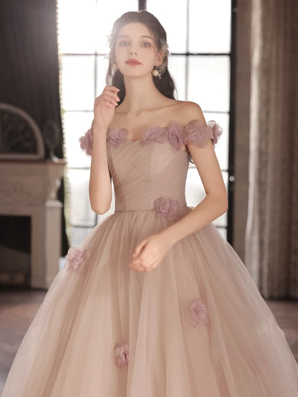 Elegant Lavender Appliques Prom Dresses 2024 A-Line / Princess Off-The-Shoulder Sleeveless Backless Floor-Length / Long Prom Formal Dresses