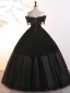 Demure Black Beading Tassel Prom Dresses 2025 Ball Gown Off-The-Shoulder Sleeveless Backless Floor-Length / Long Prom Formal Dresses