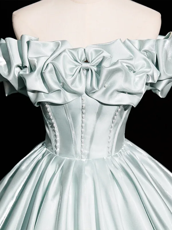 Elegant Mint Green Satin Prom Dresses 2025 Ball Gown Off-The-Shoulder Short Sleeve Backless Floor-Length / Long Prom Formal Dresses