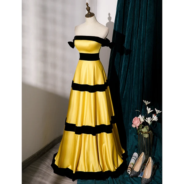 Fashion Yellow Satin Evening Dresses 2023 A-Line / Princess Strapless Sleeveless Backless Floor-Length / Long Evening Party Formal Dresses