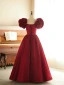Vintage / Retro Burgundy Flower Short Sleeve Prom Dresses 2024 A-Line / Princess Off-The-Shoulder Backless Floor-Length / Long Prom Formal Dresses