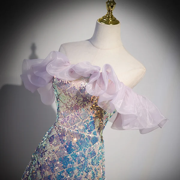 Sexy Sparkly Lavender Laser Sequins Evening Dresses 2023 A-Line / Princess Off-The-Shoulder Sleeveless Backless Floor-Length / Long Evening Party Formal Dresses