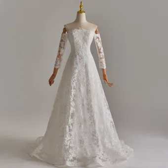 Modest Simple White Sequins Lace Flower Wedding Dresses 2025 A Line Princess Off The Shoulder Long Sleeve Backless Sweep Train Wedding
